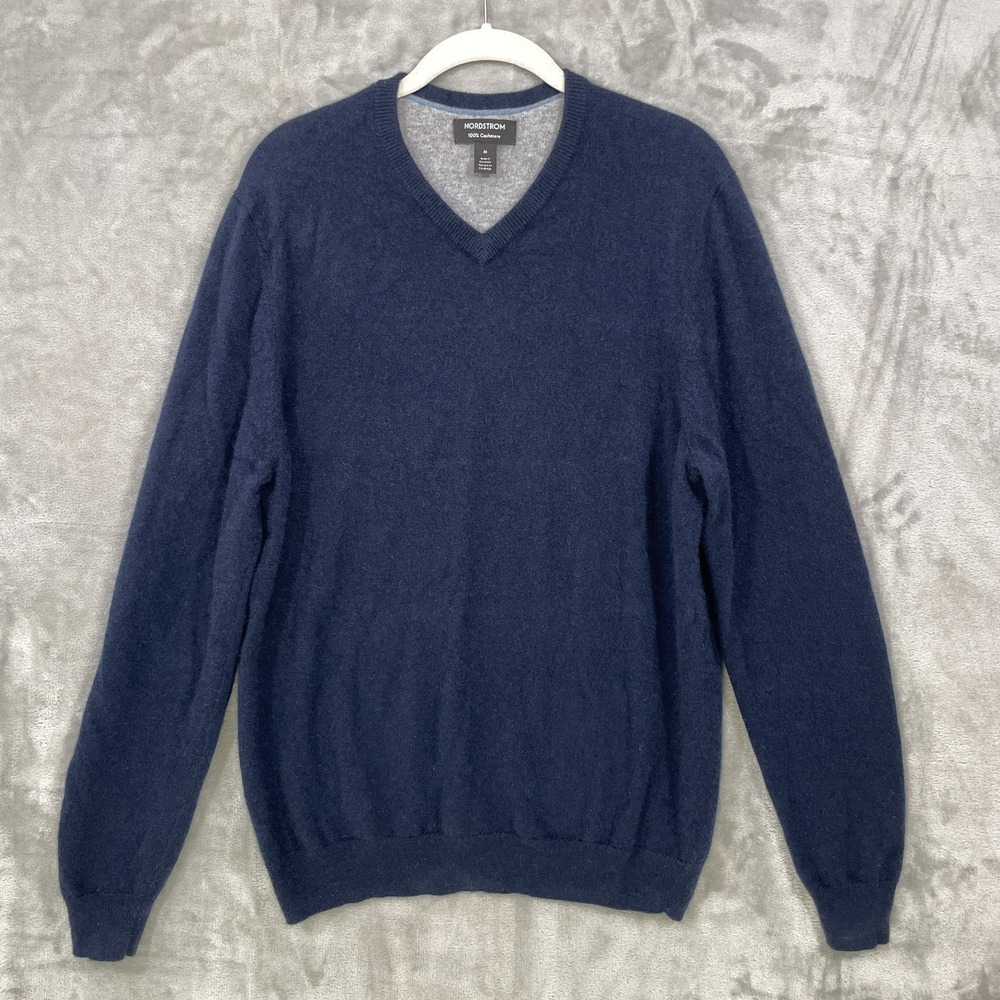 Nordstrom Men's Shop 100% Cashmere Size M  Sweater V-Neck Navy Luxury Knit